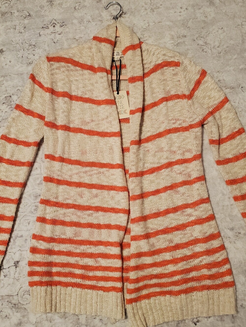 New Pink Rose Women's M Open Knit Cardigan Oatmeal Orange Stripes